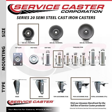 Service Caster 3 Inch Semi Steel 12 Inch Threaded Stem Caster Set with Brake SCC-TS20S315-SSR-PLB-121315-4